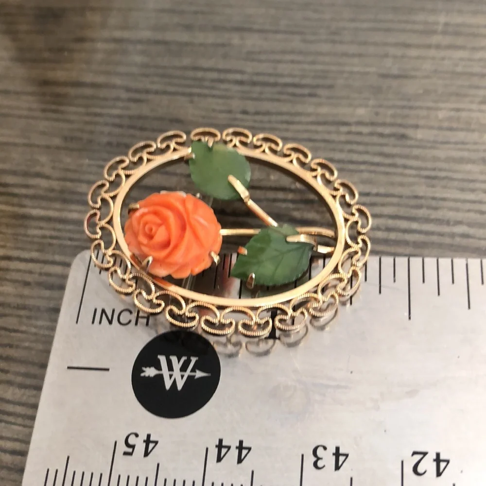 Vintage Gold Plated Coral Rose and Jade Leaves Pin